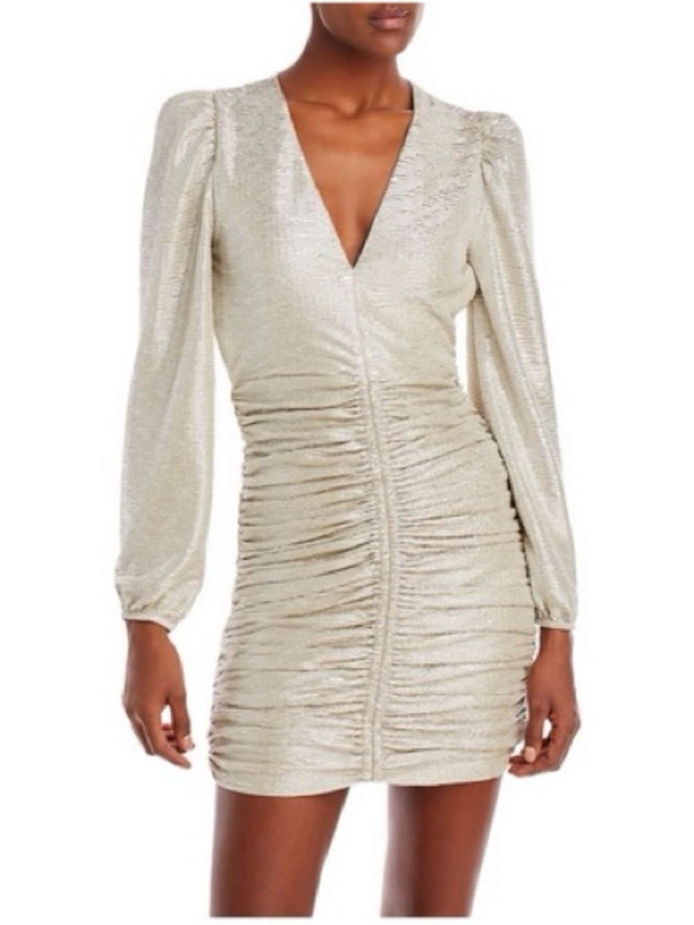 AQUA Ruched Metallic Crinkle Lamé Mini Dress